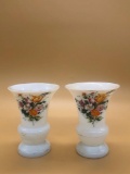 Pair Hand-painted Glass White Flower Vases