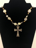 Mother of Pearl, Pearl, and Sterling Silver Cross Necklace