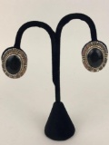 Beautiful Black and Sterling Silver Oval Clip-on Earrings - small