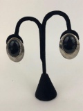 Lester Ortiz Sterling Silver and Black Oval Clip-on Earrings - Med