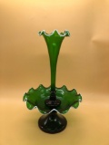 Vintage Hand Blown Green Art Glass Vase w/ Insert