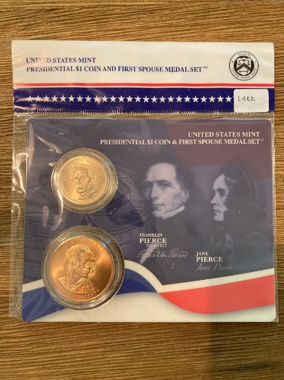 US Mint Presidential Dollar and First Spouse Medal set - Pierce 14th
