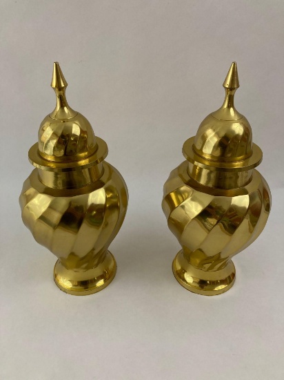 Pair of satin brass urns
