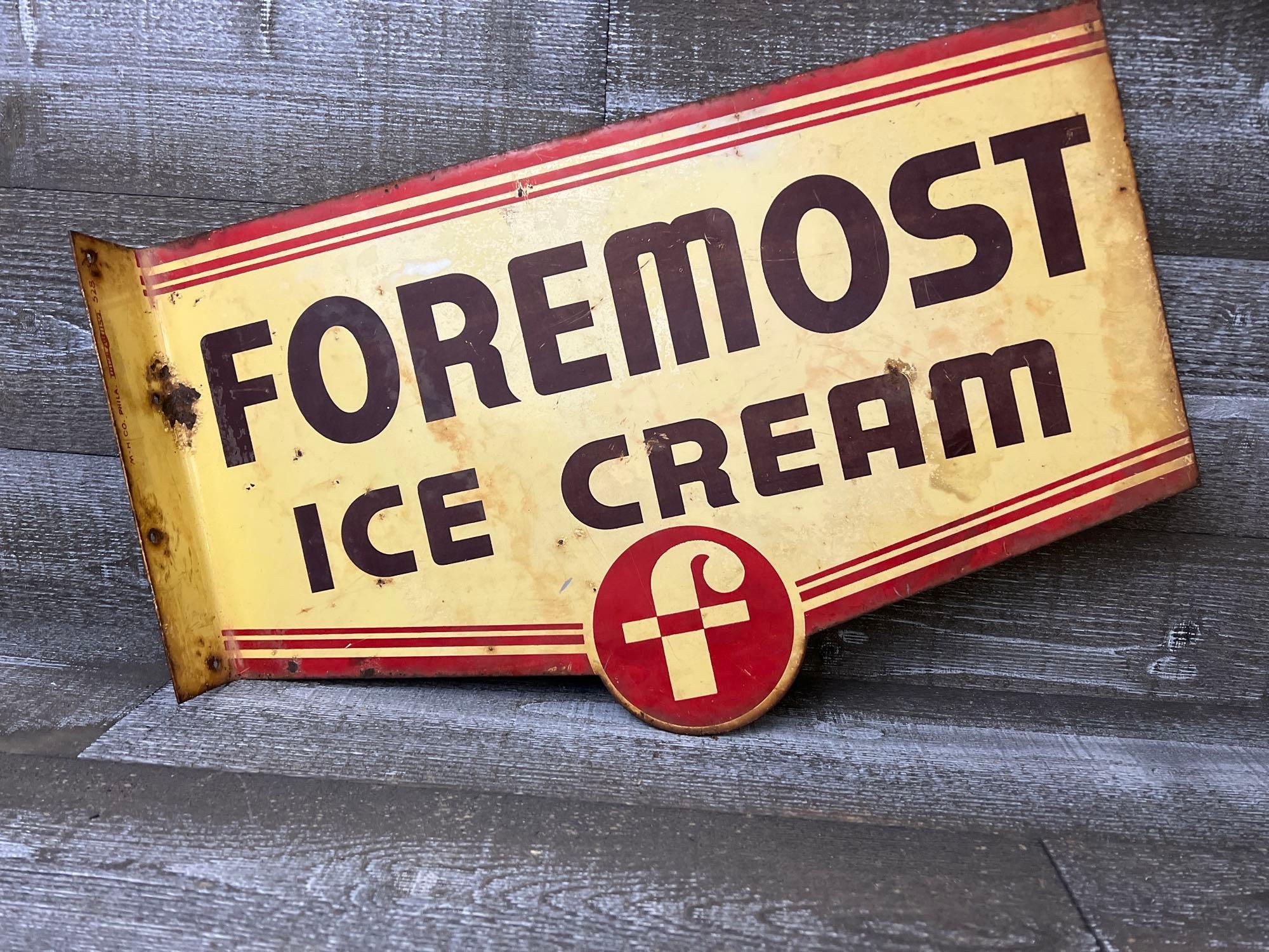 ICE CREAM 看板 アメリカ ヴィンテージ スチール foremost Foremost Ice Cream Double Sided Flange Sign | Proxibid