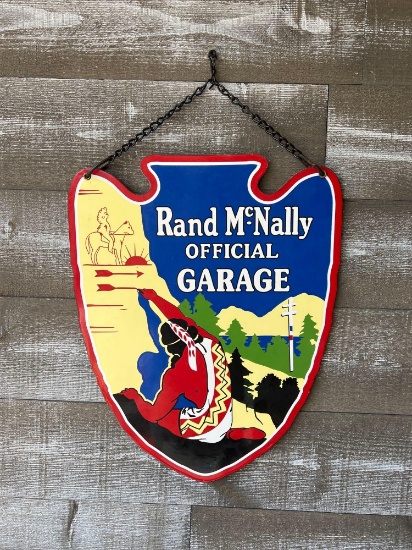 Rand McNally Official Garage Double Sided Porcelain Hanging Arrowhead Sign