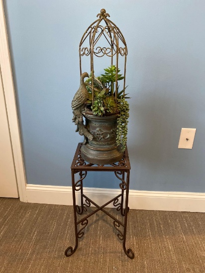 Faux metal bird planter and stand