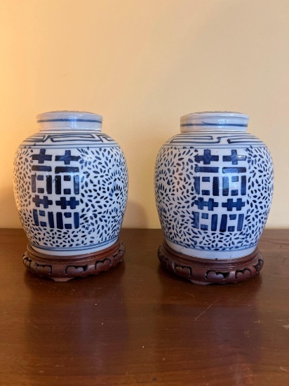Pair of Asian Ginger Jars with Display Bases