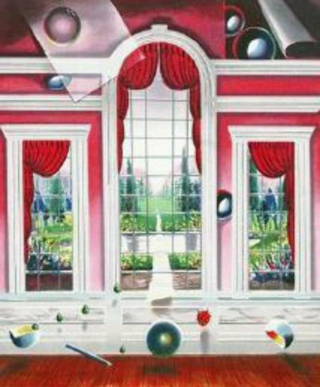 Ferjo "The Red Room" Garden View arched windows Giclee Paper Hand Signed/# Image