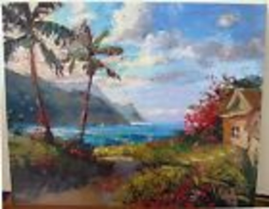 Steven Quartly "Peaceful Shores" HS Stretched Embellished Sea Palm trees beach
