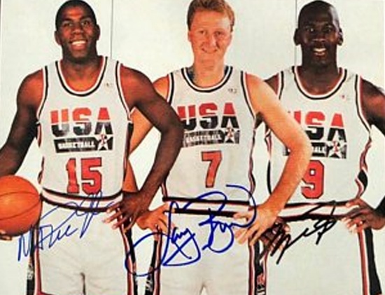 Michael Jordan Magic Johnson Larry Bird Triple Signed photo 8 x 10