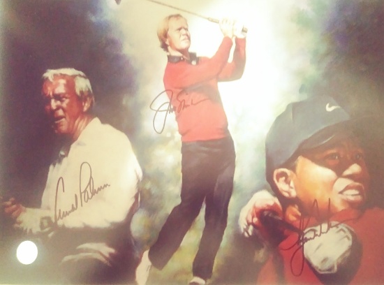 Triple Signed Tiger Wood Jack Nicklaus Litho With Cert