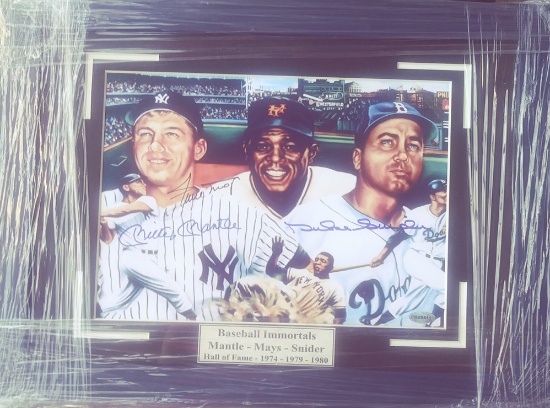 Triple Signed Willie Mays Mickey Mantle and Duke Snider framed Photo