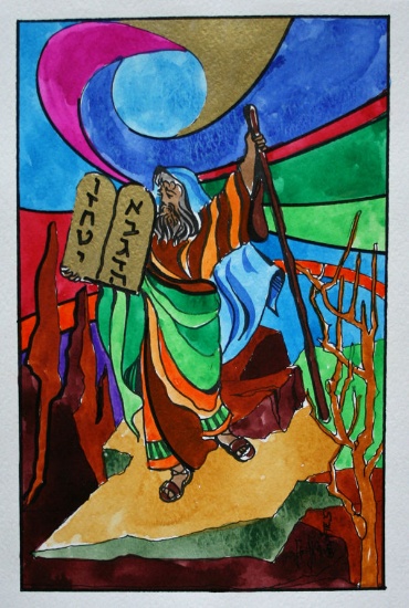 Sami Zilkha Original Monotype Watercolor "Moses & the Tablets" Jewish Religious
