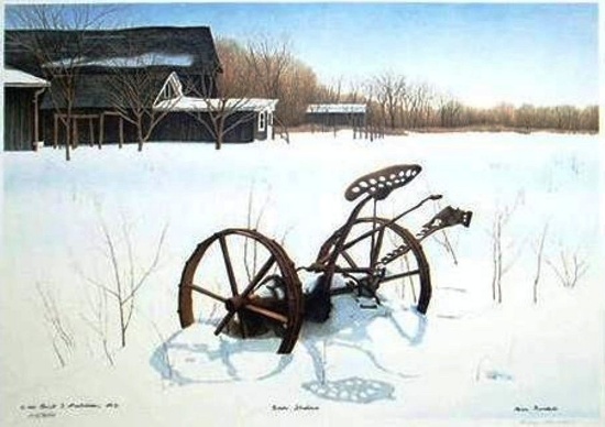 Helen Rundell Plate Sign/# Litho "Snow Shadows" barn snowy country image