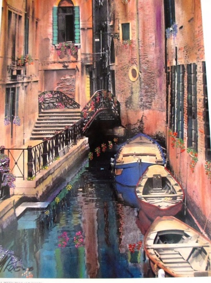 Martin Roberts "Canal W/ Blue Shutters" Hand Signed Litho Venice Italy Boat Art