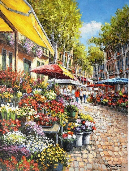 SAM PARK "Las Ramblas" Flowers at the Market Stand Hand S/# Embellished PCOA