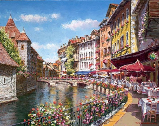 SAM PARK "Springtime Annecy"Cafes on Waterfront 24x18 Hand Signed/# Giclee PCOA