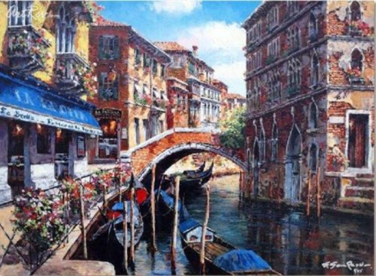 SAM PARK "Venetian Vista" Canal Waterfront boats 18x24 Hand Signed/# Giclee PCOA