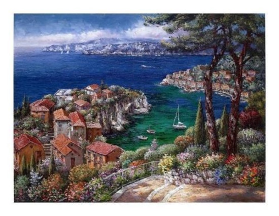 SAM PARK "Cote D'Azur" Beautiful sea hill view 21x28 Hand Signed# Giclee PCOA