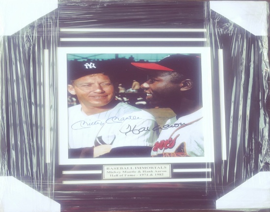 Hank Aaron and Mickey Mantle Double Signed Framed Photo