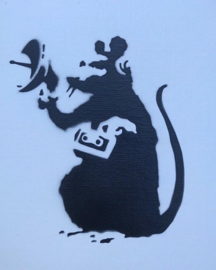 Banksy Dismaland "Radar Rat" spray paint on canvas