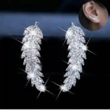 Feather Ear Climbers Cuff Earrings 925 Silver, Crystal