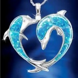 925 Silver Blue White Opal Dolphin, Love Necklace