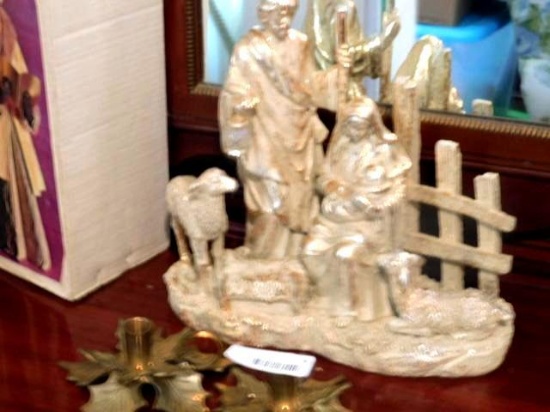 Vintage Christmas Brass Candle Holders and Nativity Scene