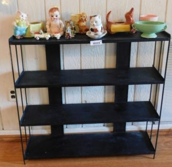Lot of Figurines and Planters, Shelf Unit