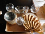 Box Lot of Serving Plates, Bowls, Brass Fan