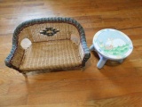 Wicker Doll Love Seat and Small Four Leg Wooden Stool