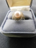 14K Yellow Gold Diamond and Pearl Halo Ring