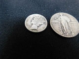 Standing Liberty Quarter 1928 and 1945 Mercury Dime