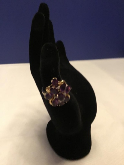 14K Yellow Gold Large Amethysts and Diamonds Ring