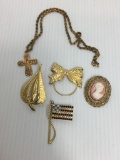 Lot of 4 Pins and Necklace