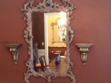 Ornate Pewter Colored Mirror with Sconces
