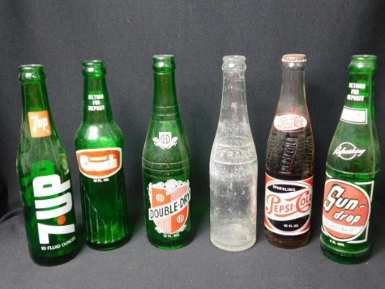 Old Bottles (6), Double Dry, FRANS, 7UP, Pepsi, Etc.