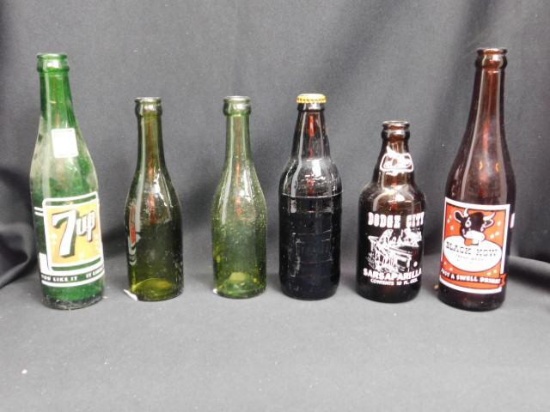 Old Bottles (6), Dodge City, DAD'S, Black Kow, 7UP, Etc.
