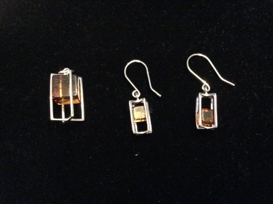 Sterling Amber Pendant and Earrings