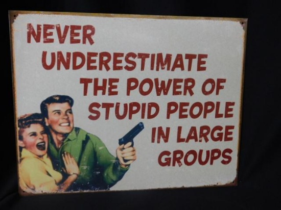Tin Sign "Never Underestimate Stupid People"