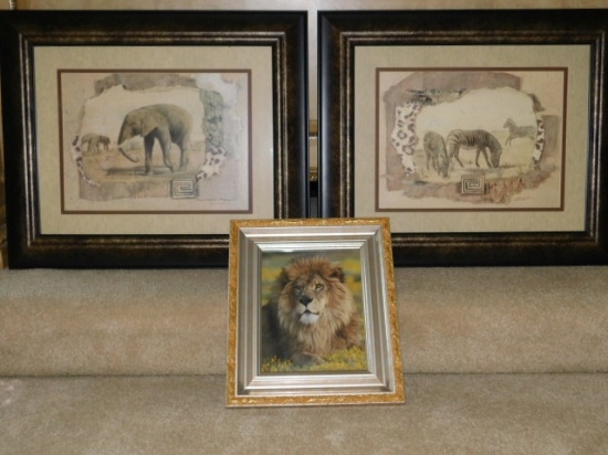 Framed Zebra Print, Elephant Print and Framed Lion Photo