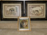 Framed Zebra Print, Elephant Print and Framed Lion Photo
