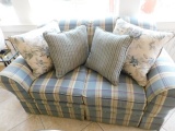 Blue Plaid Love Seat w/Throw Pillows.