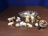 Lot Onyx Animals and vintage Dish w/glass Candy