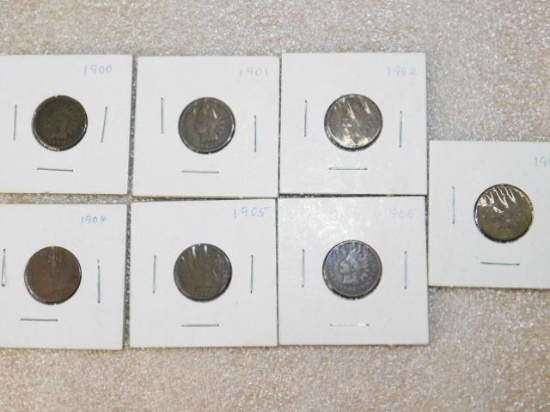 Indian Head Pennies, 1900,1901,02,04,05,06,07 Approx Seven