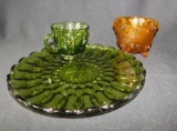 Green Plate And Cup With Amber Footed Bowl
