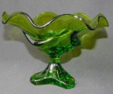 Viking Glass Ruffled Edge 8 Pedal Green Draped Tri Footed Compote Bowl