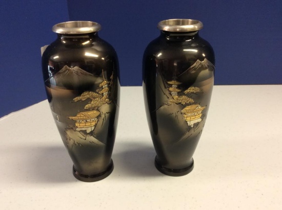 PAIR DECORATED METAL VASES