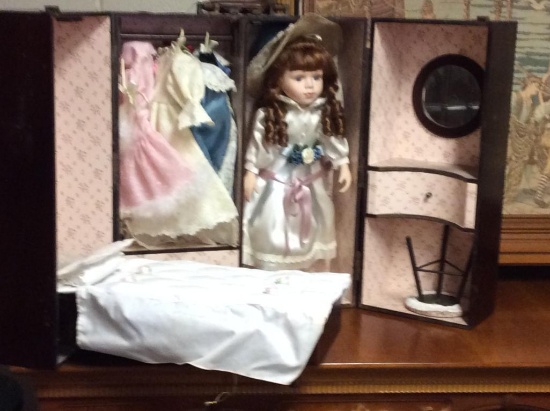 WOOD DOLL CASE WITH CONTENTS