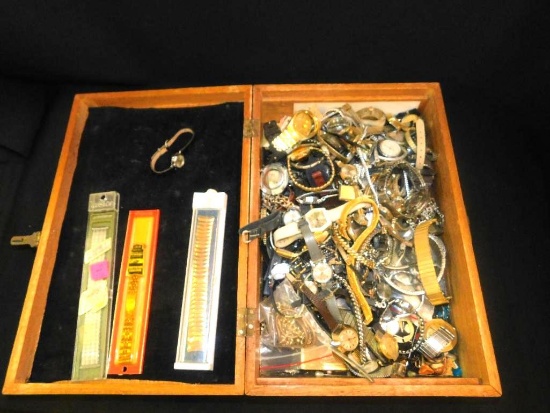 WOOD BOX WITH APPROX 100 WATCHES